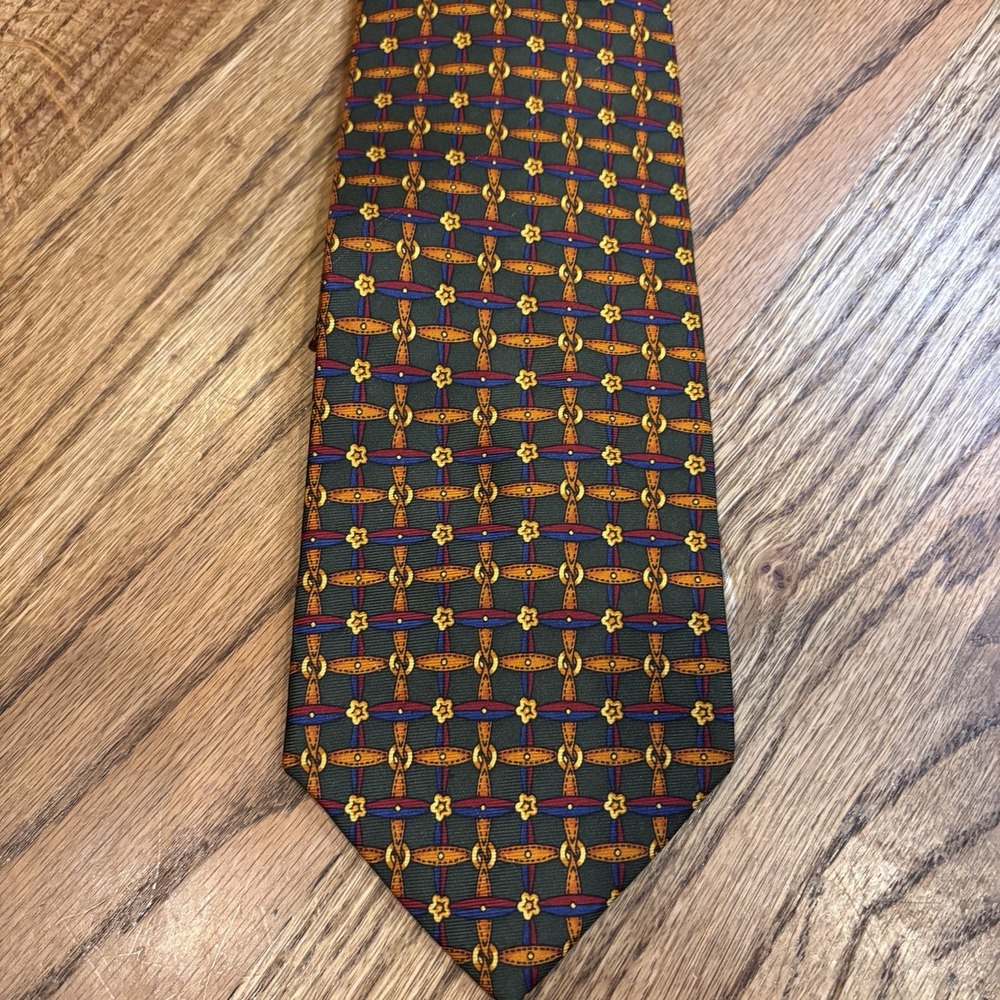 Gap Premium 100% Silk Necktie Green Gold Geometric Pattern Made USA